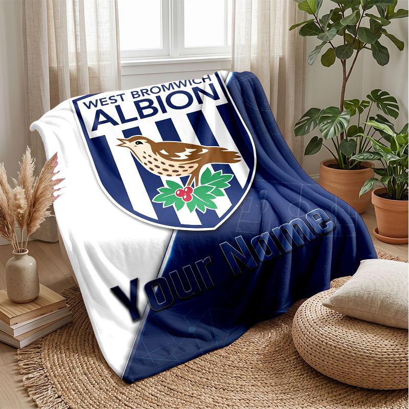 Фланелевое одеяло West Bromwich Albion FC с индивидуальным текстом и логотипом футбольного клуба, персонализированное флисовое покрывало, особый подарок для дивана, спальни, дома