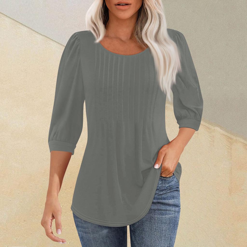 Женская мода плиссированная футболка с круглым вырезом и семью рукавами, повседневный однотонный топ
