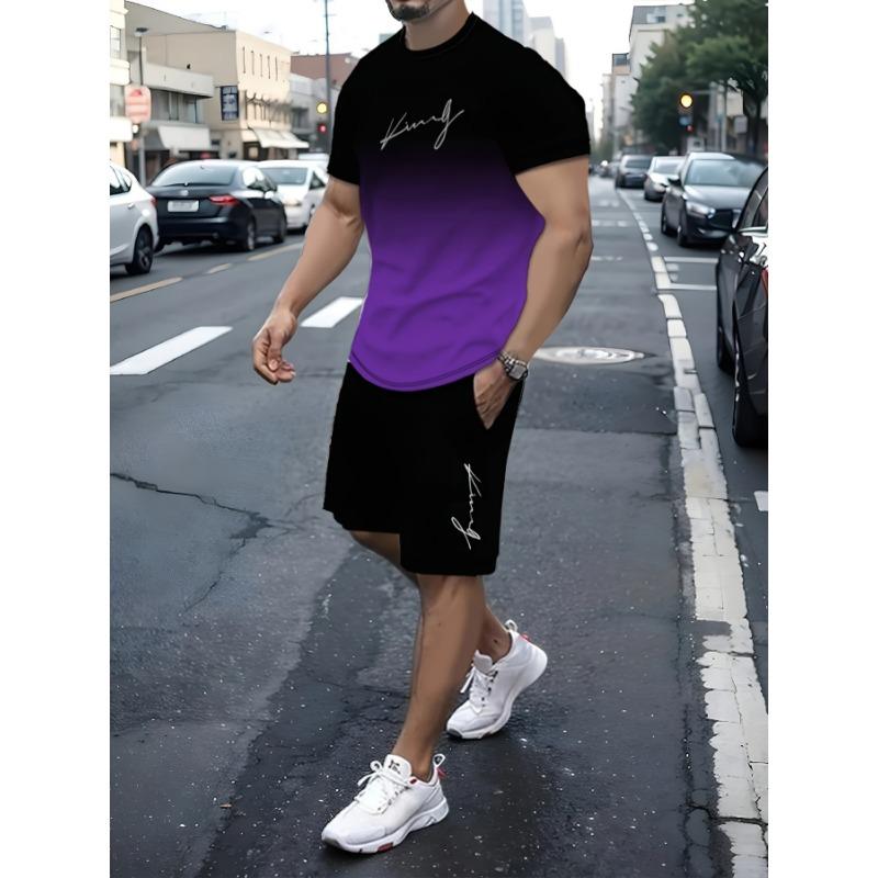 Men's Outfit, Gradient Color King Graphic Print Casual Crew Neck Short Sleeve T-Shirt & Shorts 2-piece Set For Summer Outdoor Activities
