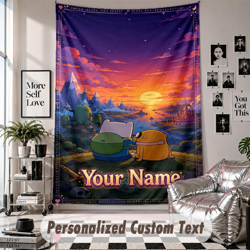 Wall Hanging Tapestry With Custom Name & Text, Adventure Time cartoon Decorative Tapestry For Bedroom