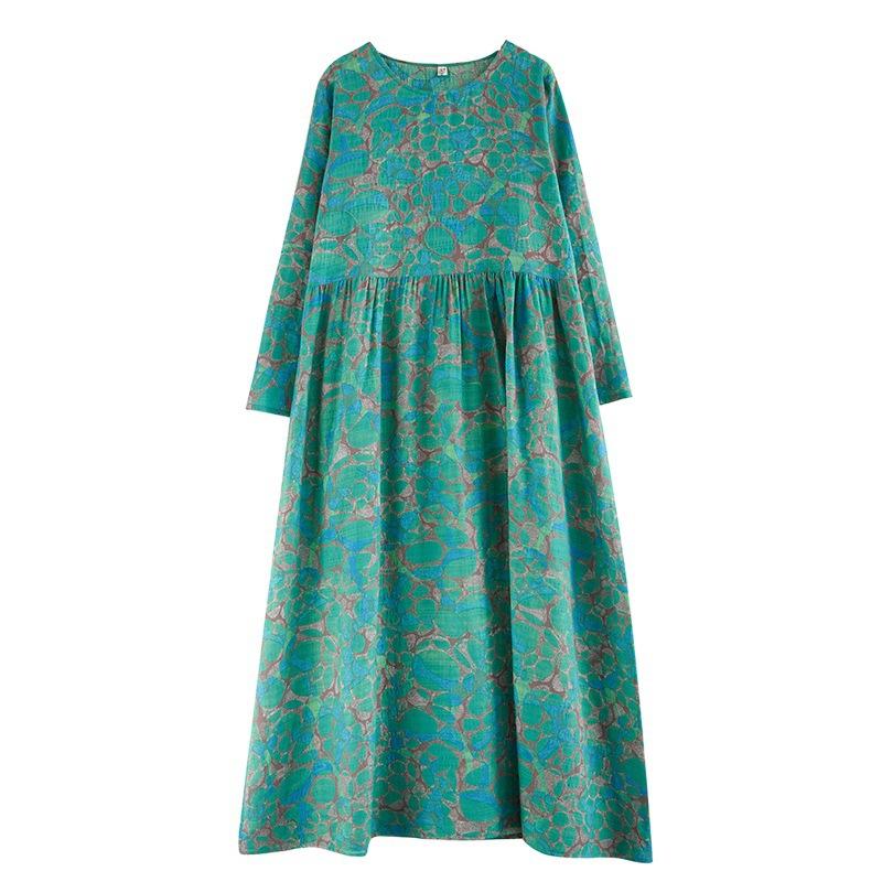 Весна Осень Цветочный Принт Круглый Вырез Ретро Свободное Длинное Платье Длинный Рукав Хлопок Льняное Платье Женская Одежда