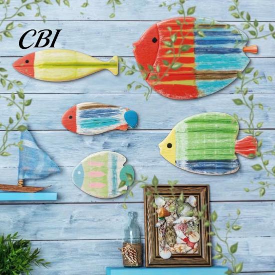 Traceless Glue Wall Art 5Pcs Wooden Fish Decor, Coastal Tropical Ornaments with Hand-Painted Stripes, Decorations Decor for Barthroom Fence Pool Patio