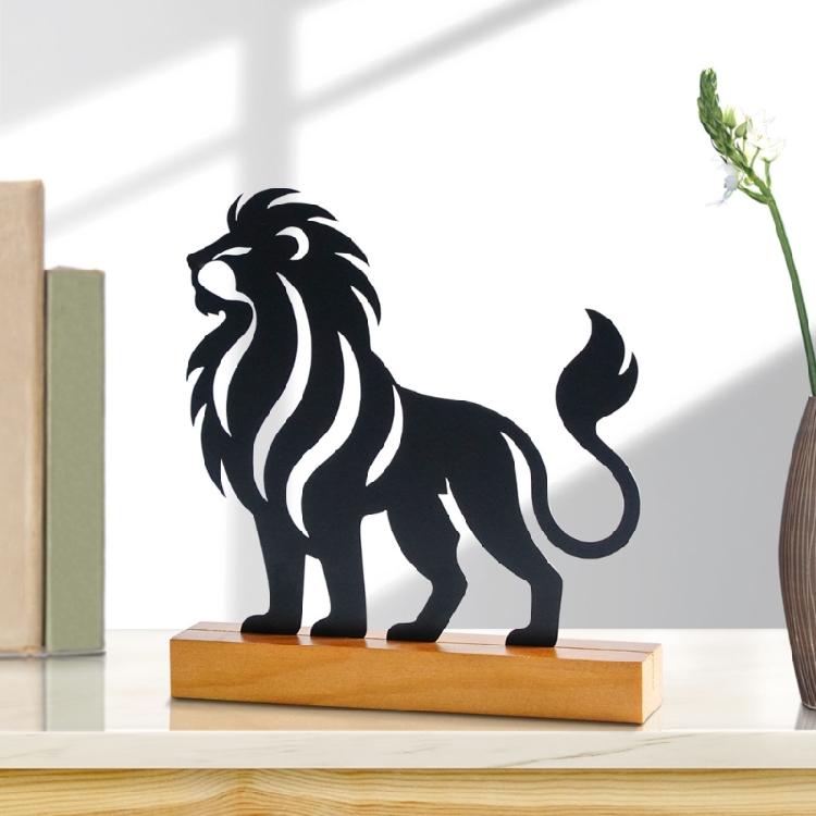 Metal Lion Statue with Wood Base Centerpieces Table Top Sign Hollow Out Iron Art Animal Sculpture Desktop Ornament Gift