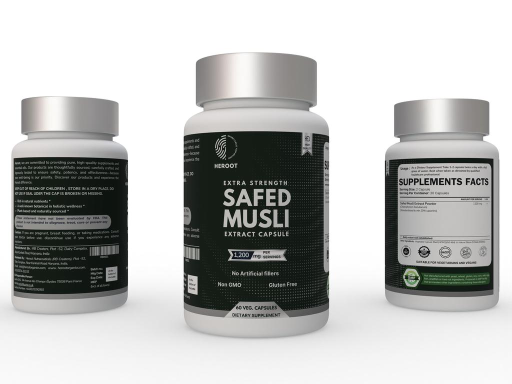 Safed Musli Extract Capsules by Heroot - Extra Strength, Maximum Performance, Increased Libido & Vitality 60Ct.