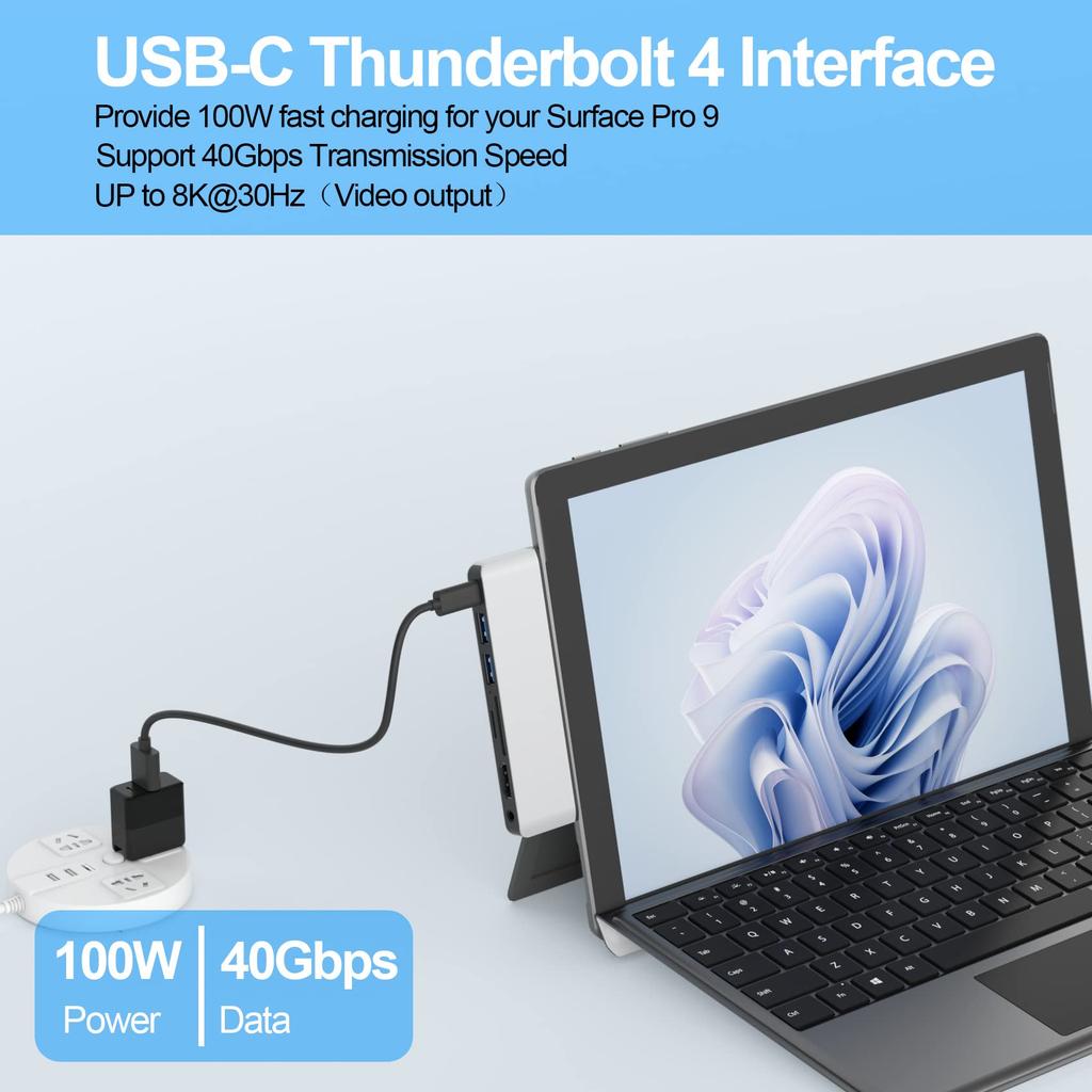 Хаб-расширитель для Surface Pro 9 4K HDMI USB C Thunderbolt 4 PD Зарядка 2 порта USB Аудио Картридер Специальная док-станция для Microsoft Surface Pro 9