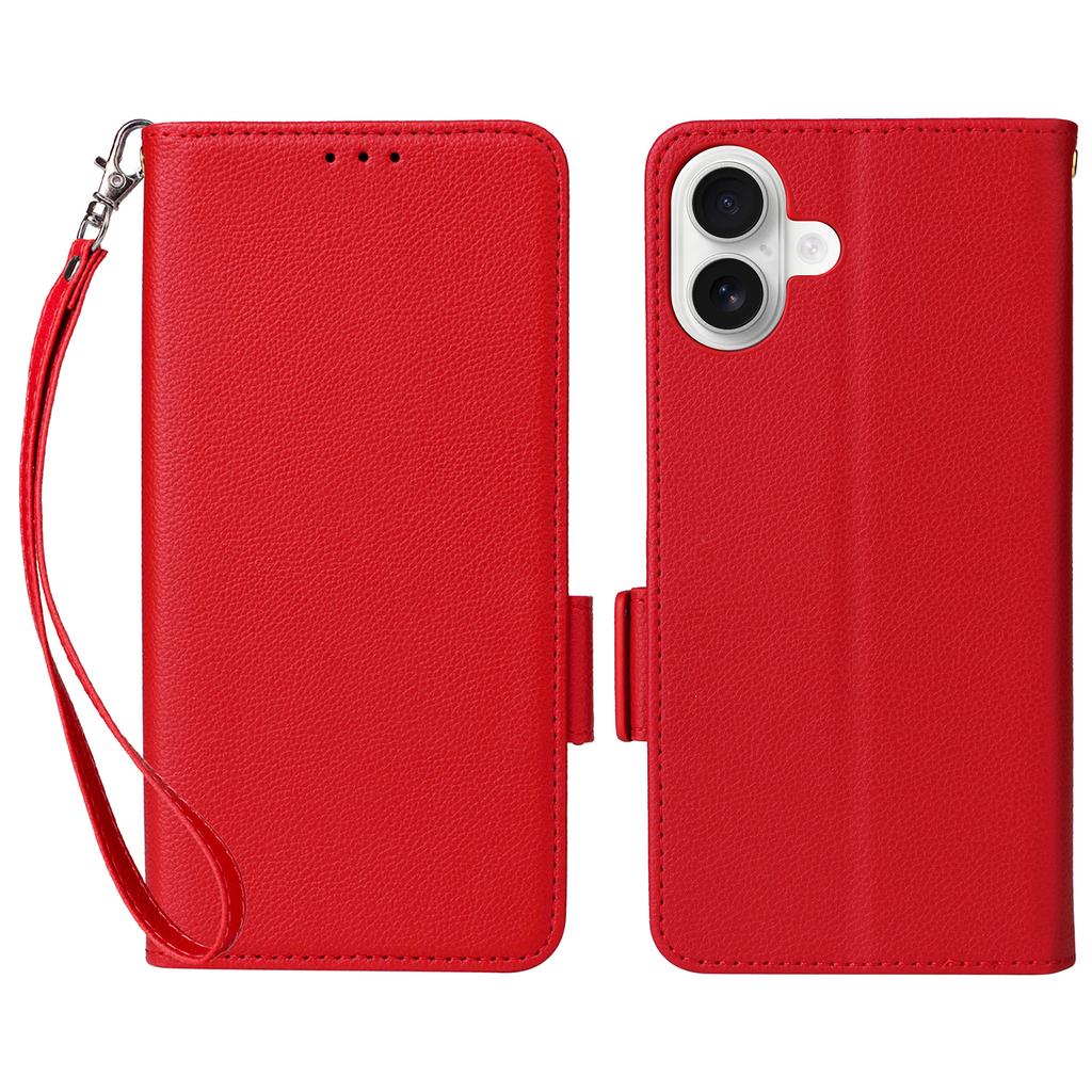 For iPhone 16 Plus Case with Wrist Strap Litchi Texture PU Leather Wallet Phone Cover