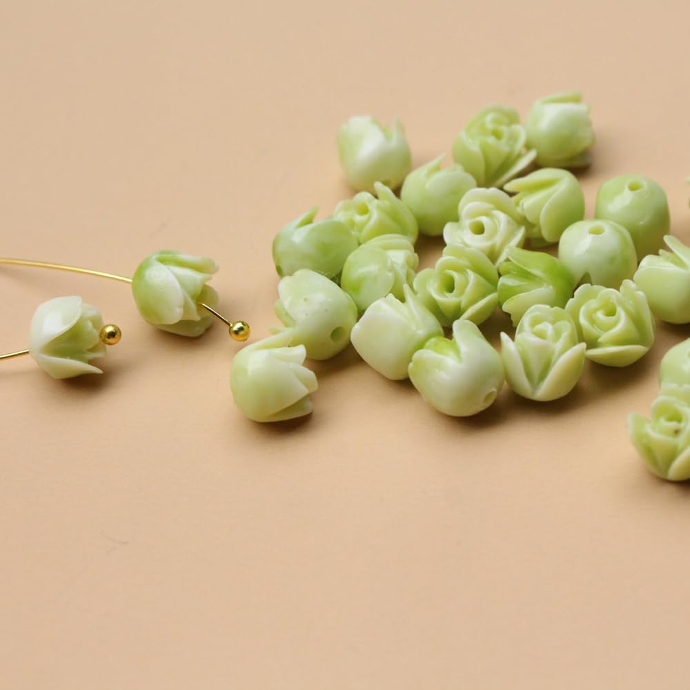 pumpie 100pcs 7mm Synthetic Coral Tulip Flower Beads Light Green Color for Bracelets Necklace Earring Jewelry Making Charms Art Craft DIY,