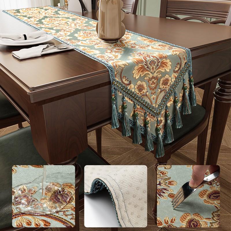 Luxury Chic Table Runner Dining Floral Embroidery Waterproof Oil-Resistant Chenille Fabric American Vintage Style