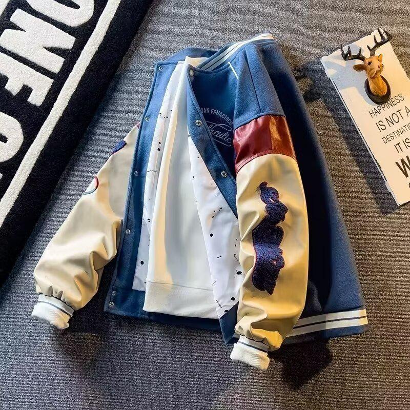 Мужская бейсбольная куртка из шерсти с вышивкой в стиле ретро в стиле пэчворк — весна 2024 г., корейский стиль