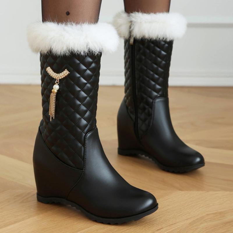 Зимние сноубутсы на танкетке для женщин Новинка 2024 Черные Розовые Белые Теплые Меховые Короткие Ботинки Женские Каблуки-Танкетки Застежка-Молния Вечерняя Обувь