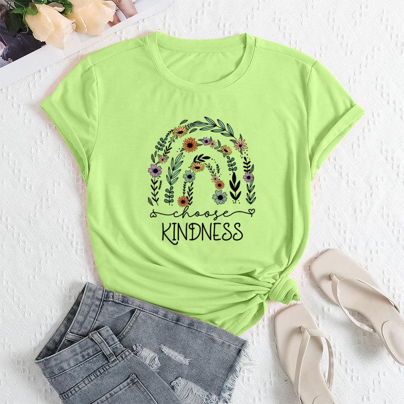 Летние женские футболки свободного покроя с цветочным принтом и круглым вырезом из чистого хлопка с короткими рукавами для женщин