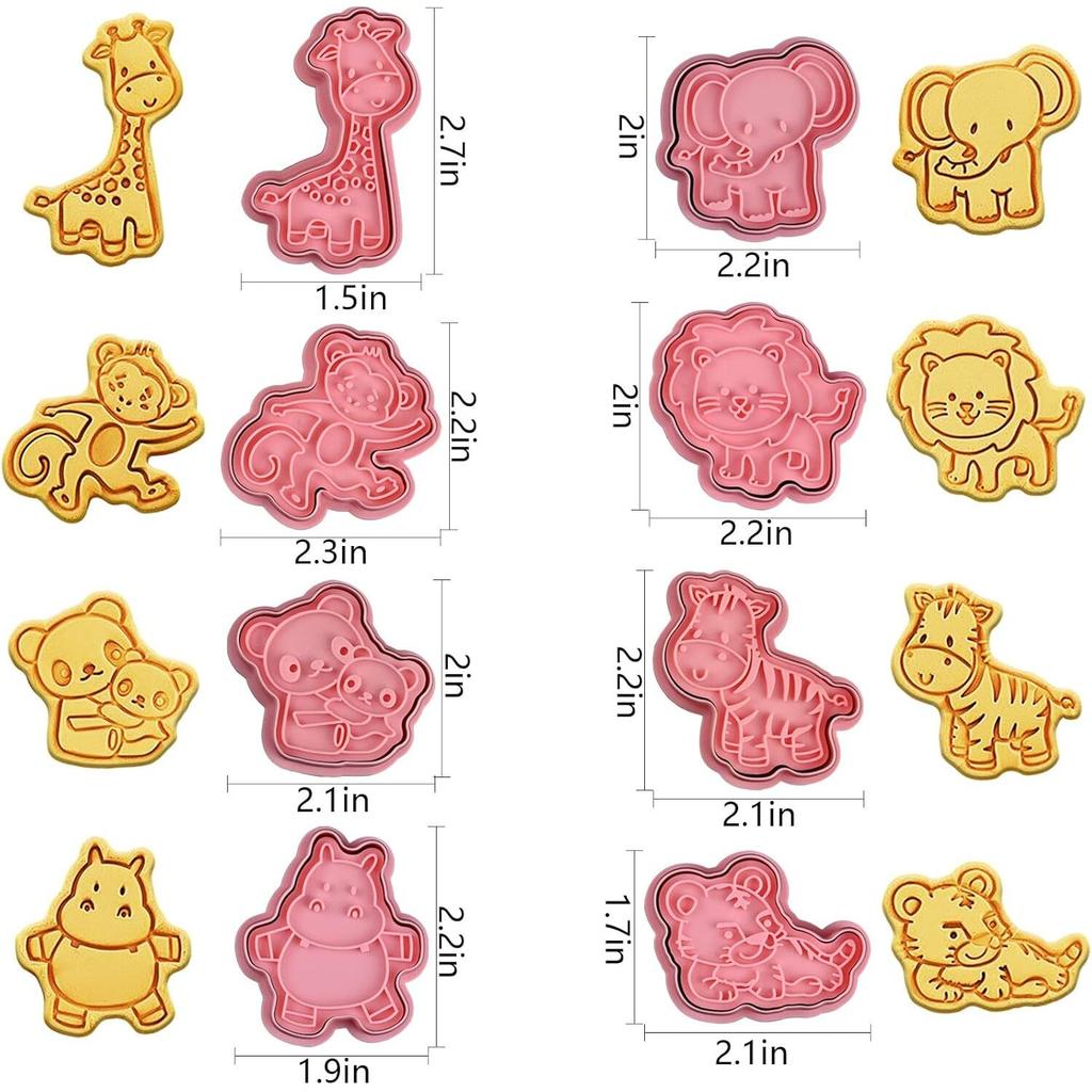 Pet 3D Cookie Cutter Set of 8 - Animal Shapes Biscuit Stamp Molds with Plunger, Embossing Baking Tools for Fondant Cheese Cookies, Pink