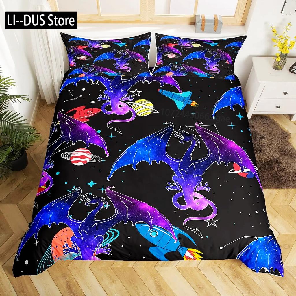 Comforter Dragon King Size Kids Mythical Animal Bedding Set Microfiber 2/3Pcs Set For Girls Women Black Gold Decor