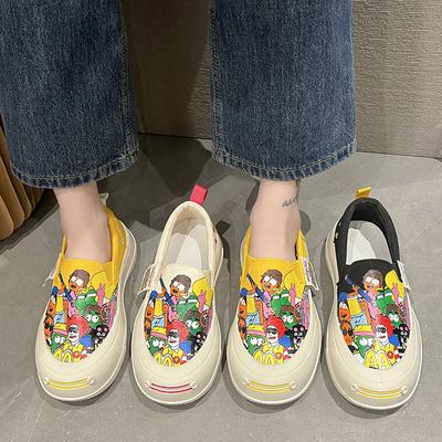 Холщовые лоферы с граффити для женщин, прогулочная обувь без шнуровки, дышащие удобные повседневные модные кроссовки