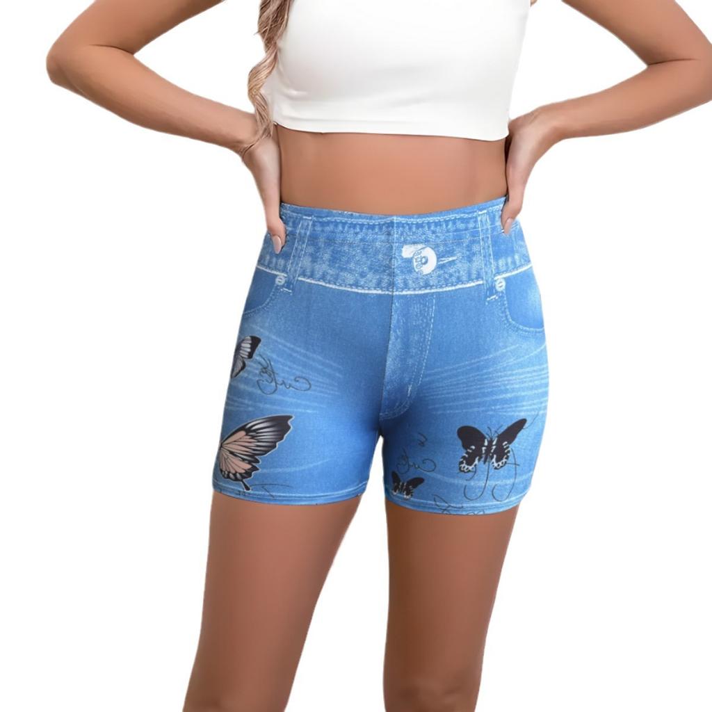 Летние европейские и американские фитнес-шорты из искусственного денима для женщин, леггинсы с эффектом подтяжки бедер и облегающего кроя, с принтом бабочек, короткие штаны