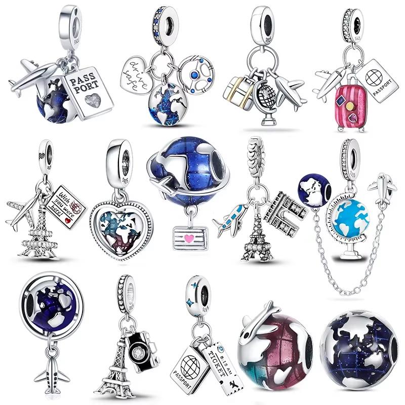 925 Silver Globe Airplane Charm Beads For DIY Bracelet Making Ladies Jewelry 3mm Design