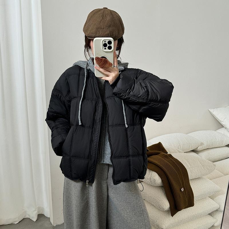 New fake two-piece loose cotton-padded coat women's knitted hooded puff cotton-padded jacket warm and thickened cotton-padded jacket