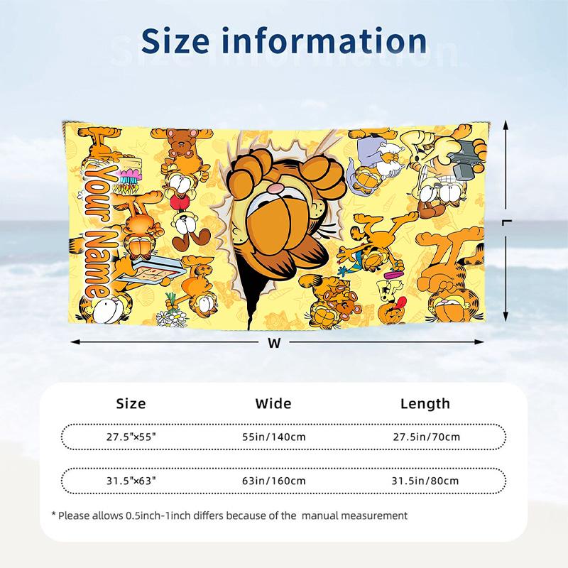 Garfield Beach Towel, Personalized Custom Text, Quick Dry Soft Large Towel For Swimming Pool Travel