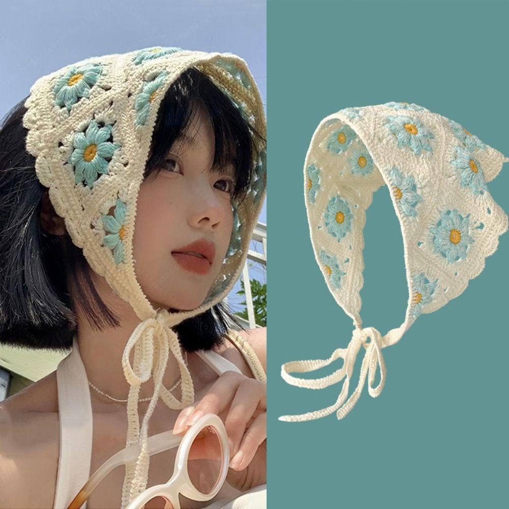 Вязаный Девочка Цветок Косынка Крючком Пляжный Отпуск Волосы Аксессуар Милая Треугольная Повязка на Голову