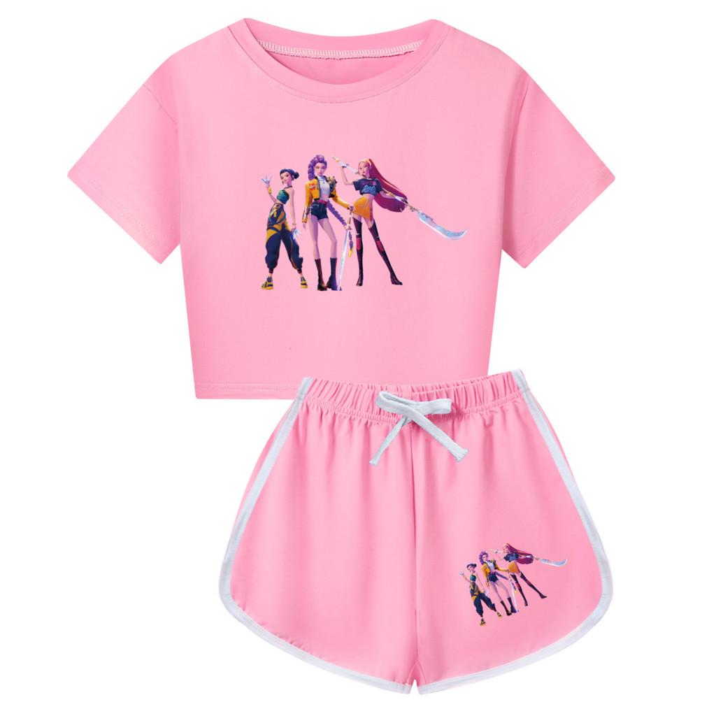 Kpop Demon Hunters Print Child Short Sleeve Shorts Pajama Set With Polyester Cotton Blend For Family Sleepwear