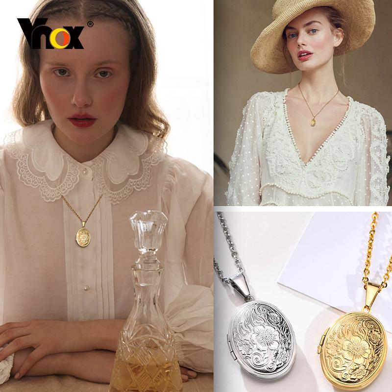 Vnox Монограмма Цветочный Овальный Кулон-Медальон в форме Сердца Ожерелья для Женщин Мужчин, Нержавеющая Сталь Рамка для Фотографии Обещание Любви Памятный Воротник