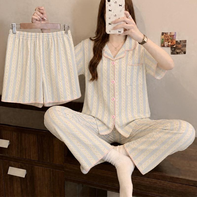 Womens Cloud Cotton Pajama Set Short Sleeve Bow Loose Loungewear 3pcs