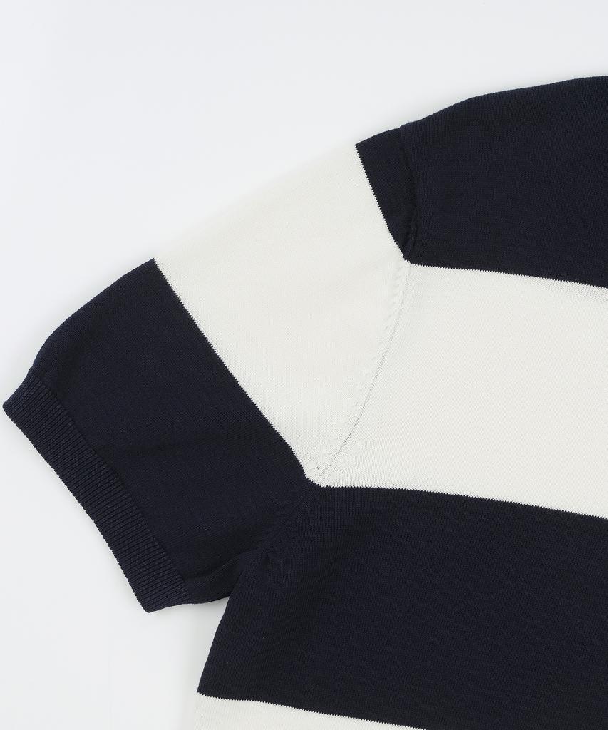 BELLIEF Essential Hard Twist Cotton Short Sleeve Striped Knit (Ivory/Navy)
