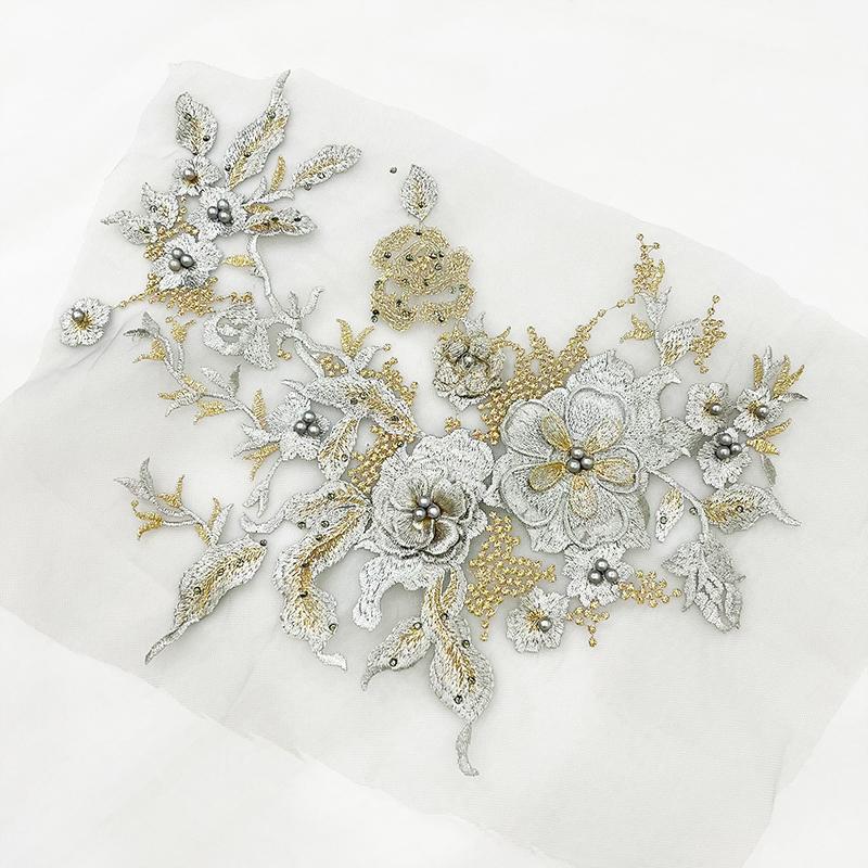 3D Flower Beaded Lace Fabric Applique Embroidery Sewing On Patches For Wedding Evening Dress Clothing Patch Sewing Accessories