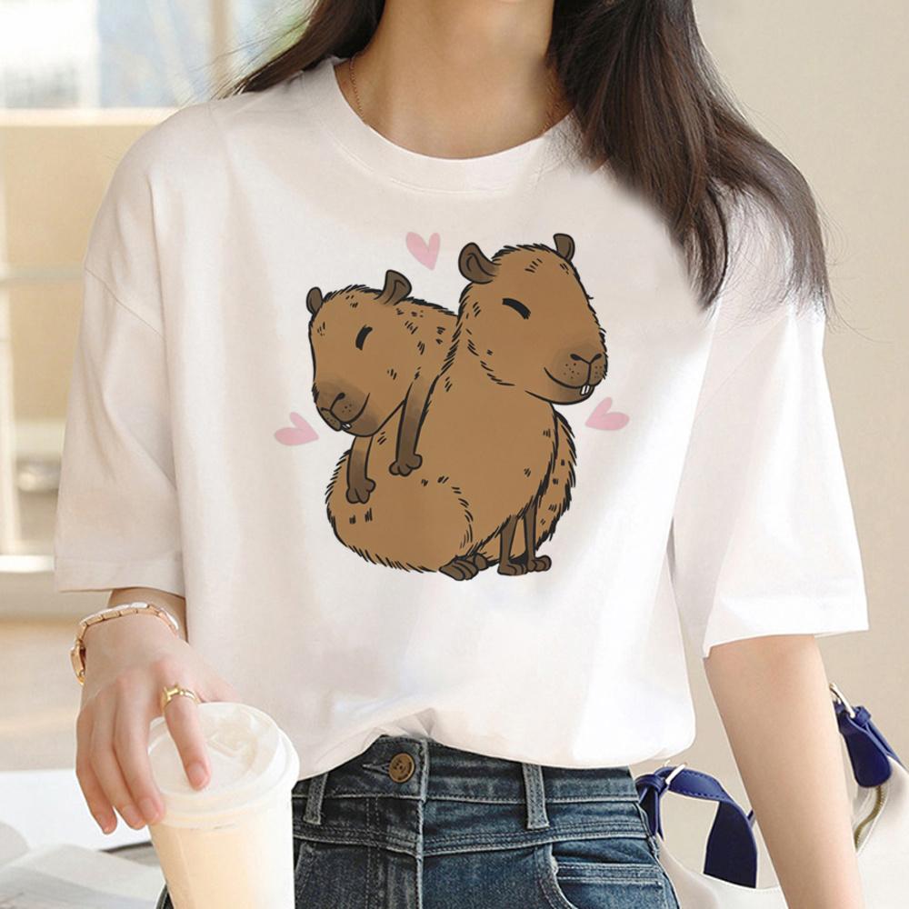 Capybara T Shirt Women Print Summer White Top Cotton T-shirt Graphic Tees Women Vintage Streetwear 90s Plus Size Tshirt Female