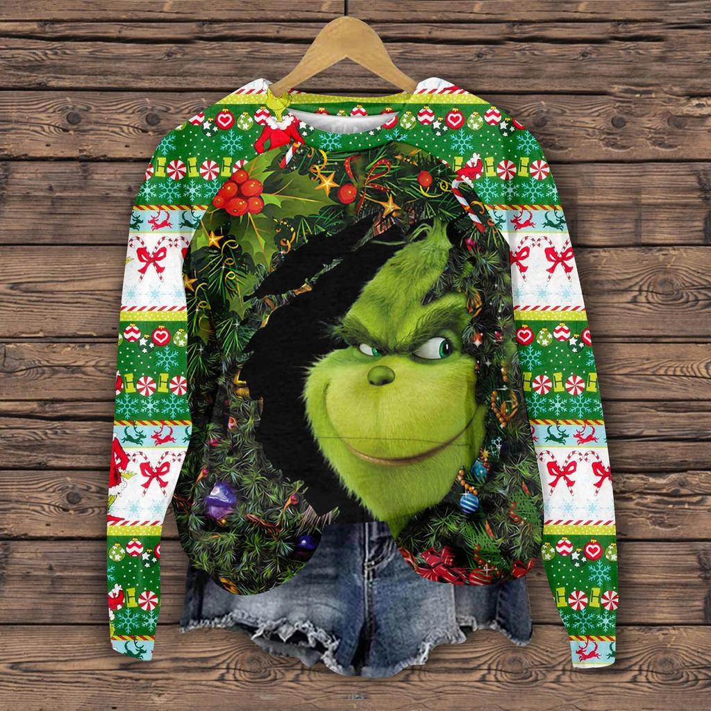 Женская мода повседневная толстовка с длинным рукавом и вставкой на плече с принтом на Хэллоуин с круглым вырезом