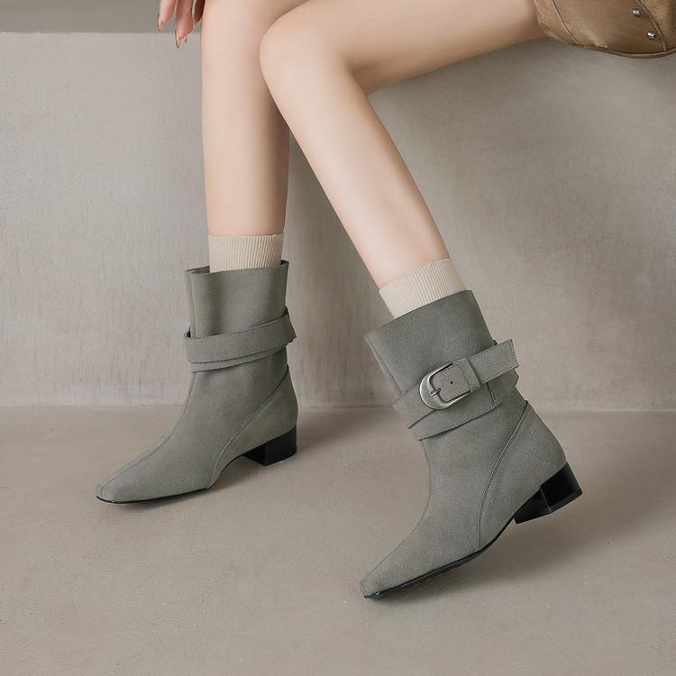 Fashion New Autumn/winter Cow Suede Women Boot Square Toe Shoes for Women Fashion Boots Low Heels Buckle Work Boots Western Boots