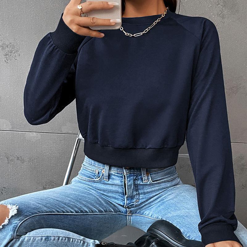 Сплошной цветной свитер с круглым вырезом, женский короткий повседневный топ с длинным рукавом