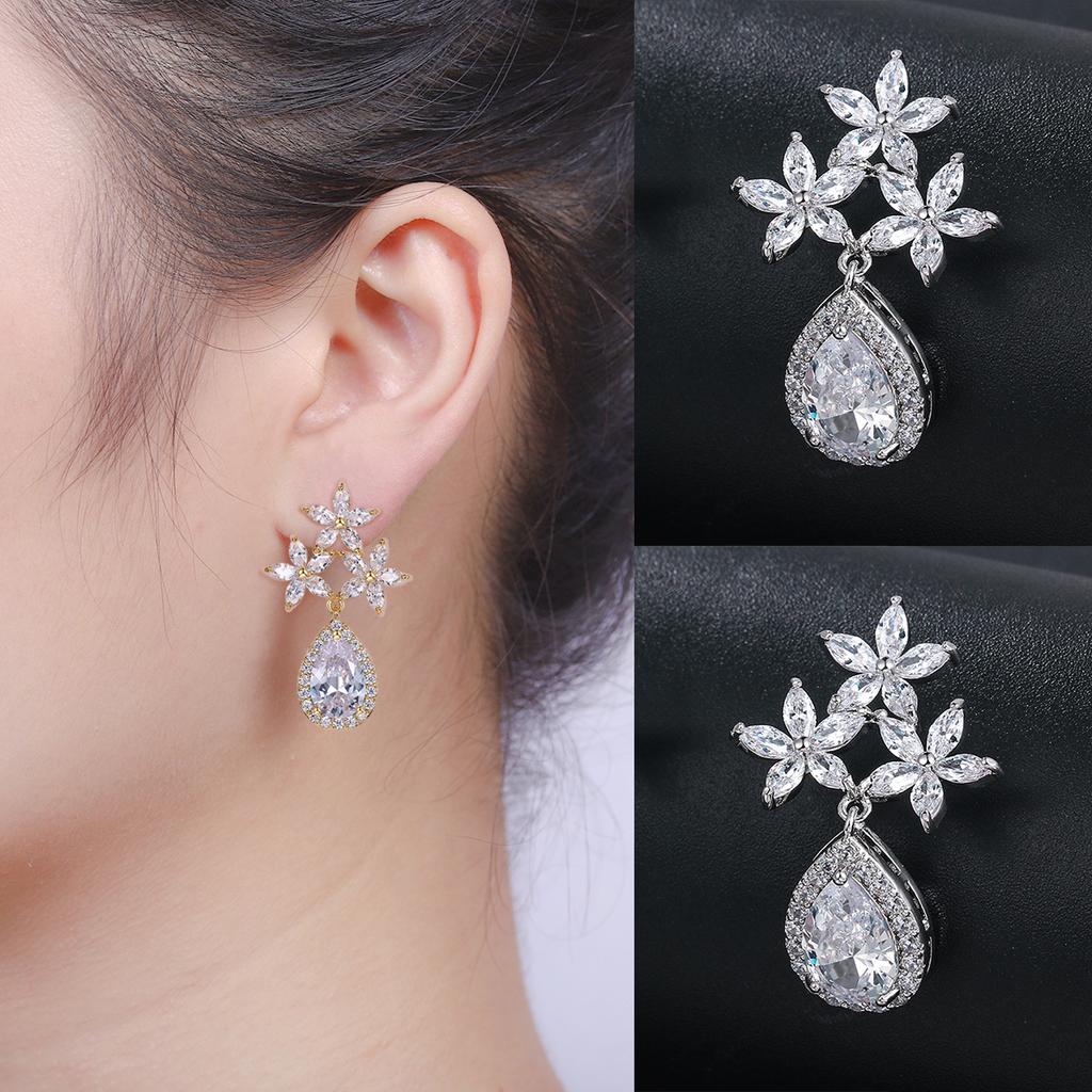 High Quality New Arrival Pear Cut and Star Flowers Cubic Zirconia CZ Crystal Shiny Wedding Bridal Chandelier Earrings