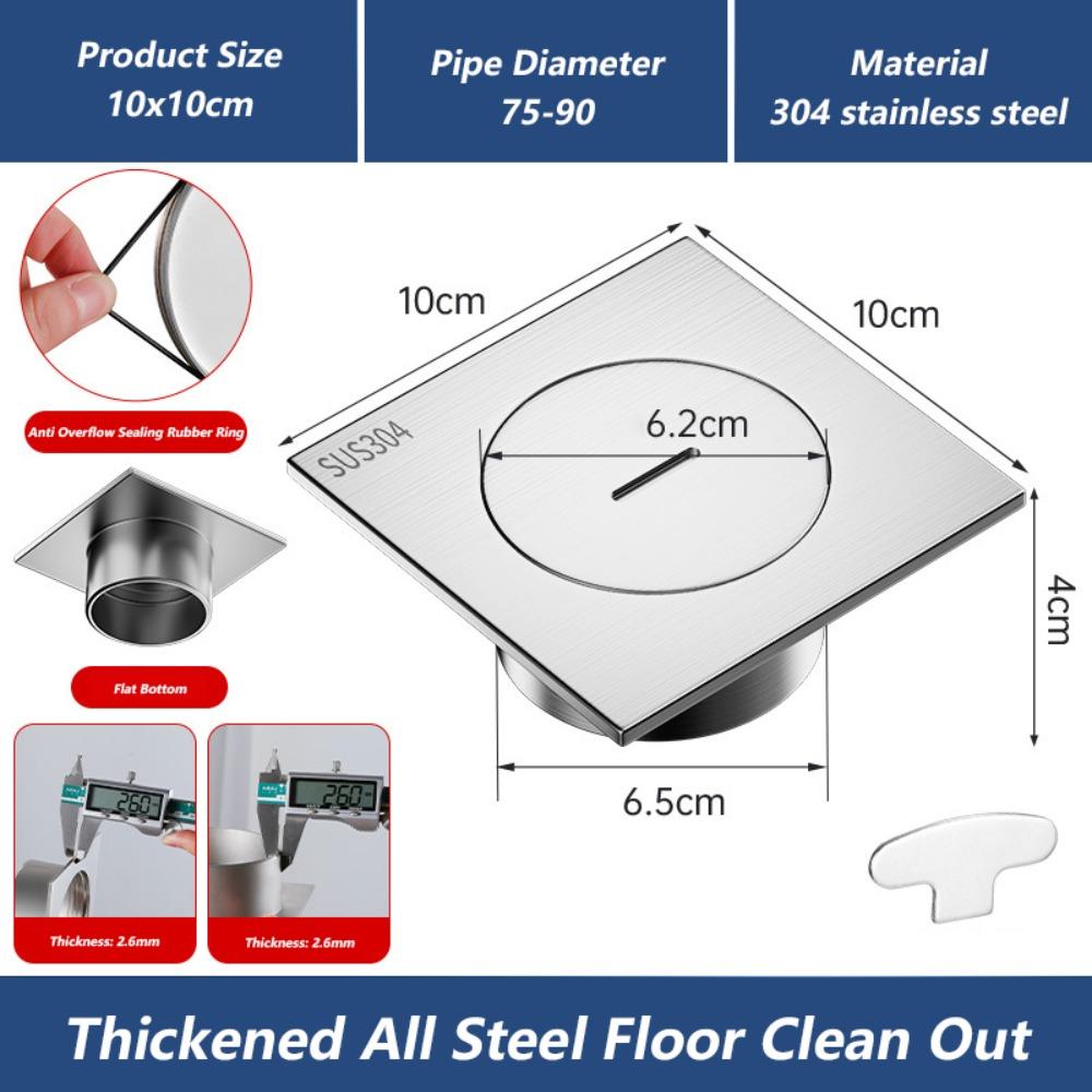 Heavy Duty Square Floor Clean Out 304 Stainless Steel 75/110 Plug Drainage Port with Cleaning Port Shower Floor Drain Bathroom