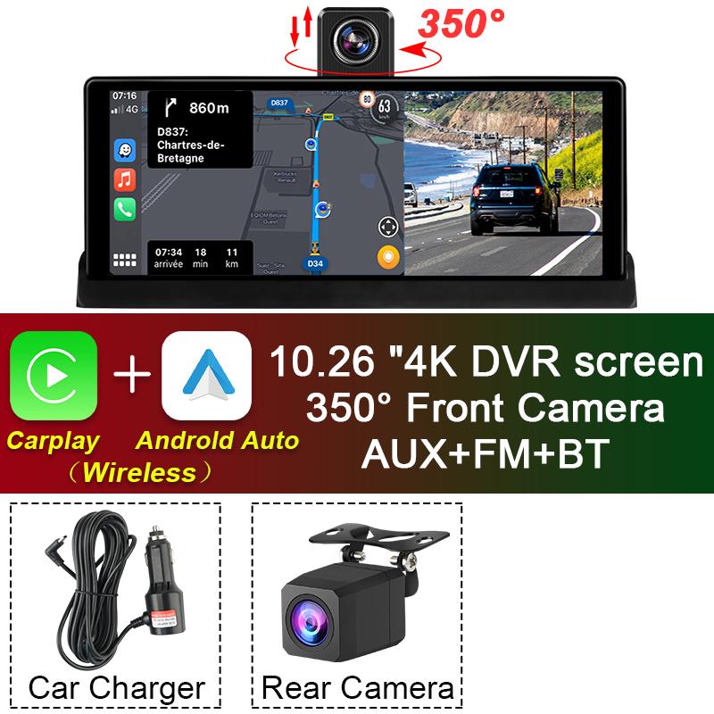 10,26-дюймовый автомобильный видеорегистратор 4K-камера Беспроводная Carplay Android auto Ai-экран Приборная панель Видеорегистратор Двойной объектив GPS-навигация Видеорегистратор AUX