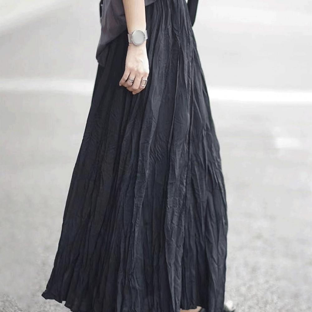Women Maxi Skirt Elastic High Waist A-Line Pleated Skirt Solid Color Flowy Hem Draped Dance Skirt Work Leisure Daily Wear