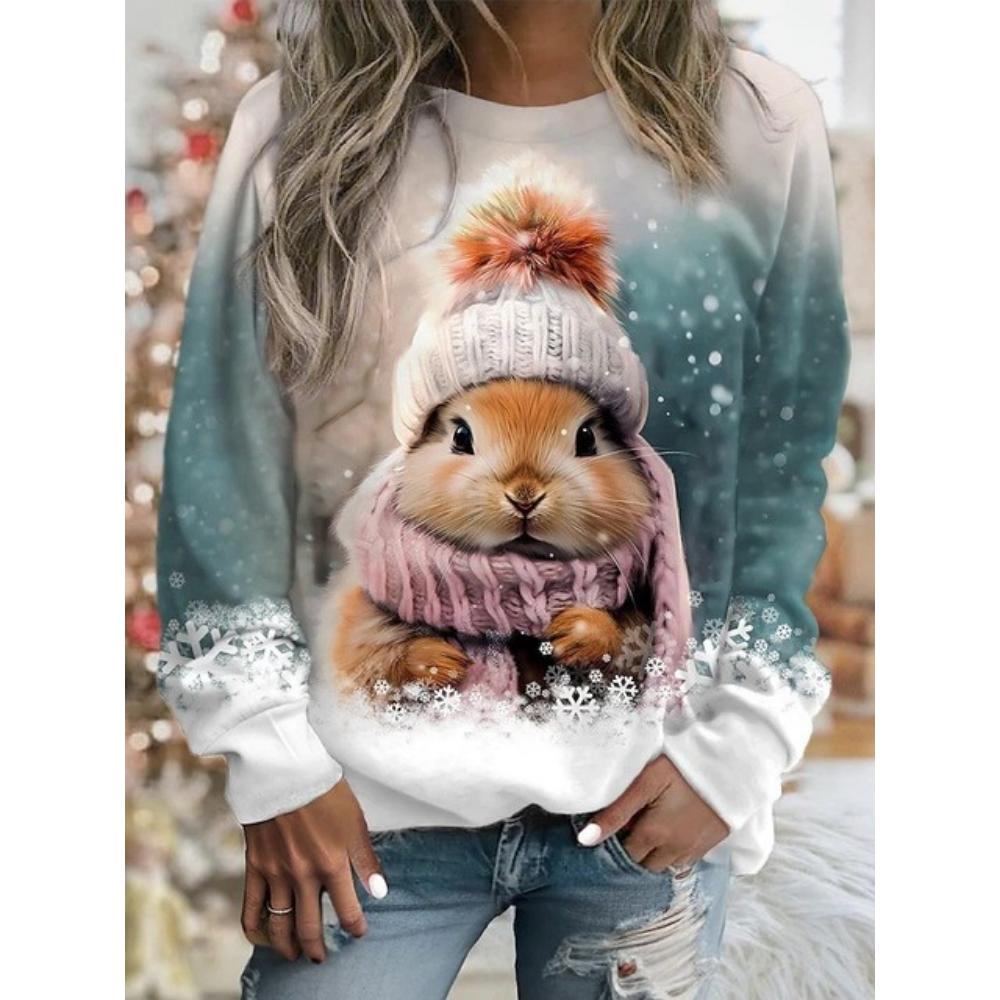 Женская одежда Cross border, горячая распродажа, новый 3D-принт с рождественским кроликом, милый круглый вырез, футболка с длинными рукавами