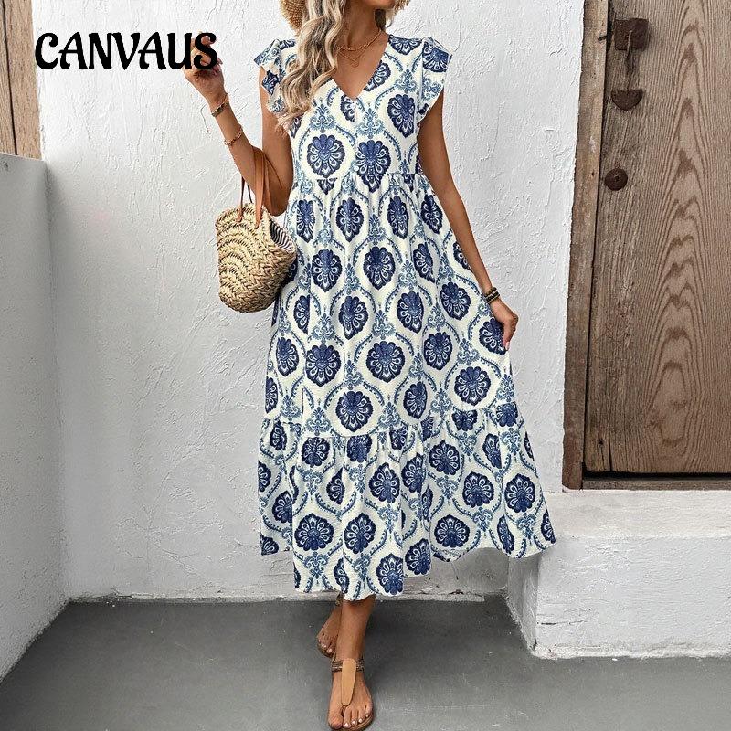 Женское летнее свободное длинное платье в стиле французских каникул с глубоким V-образным вырезом и принтом