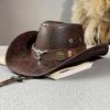Vintage Style Cowboy Hat with Bull Head Buckle and Rivet Details - Wide Brim, Faux Leather Jazz Cap for Men and Women, Lightweight, Durable