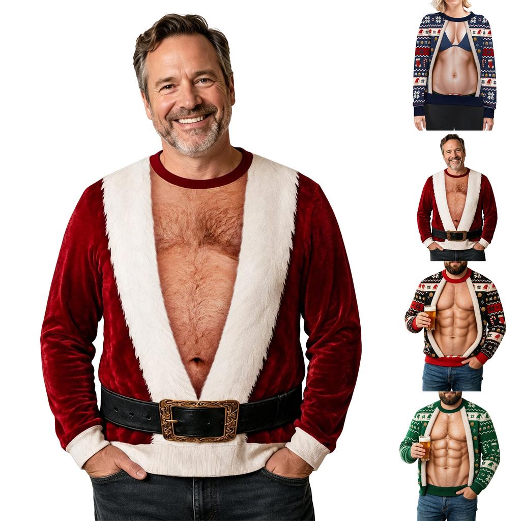 Унисекс стильный повседневный топ с длинным рукавом и рождественским принтом, с круглым вырезом