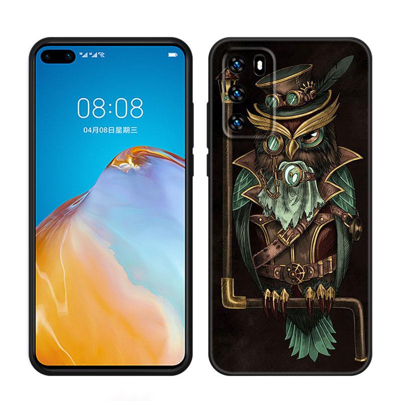 Lovely Animal Owl Black Silicone Phone Case For Huawei P10 P20 P30 P40 Lite P50 P60 Art P50E P Smart Z 2018 2020 2021 Pro 2019