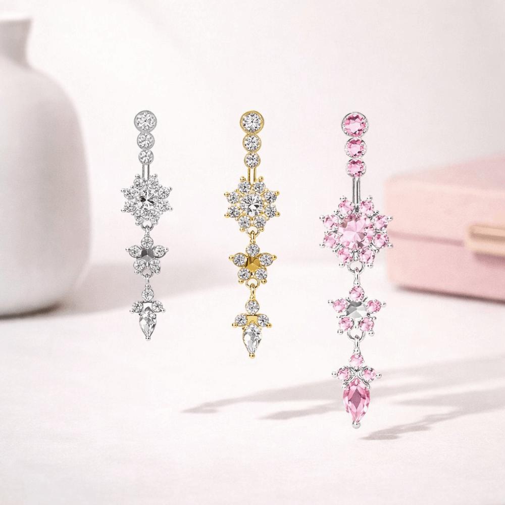Long Dangled Zircon Belly Button Ring Pink Body Jewelry Sexy Stainless Steel Navel Piercing  Gift