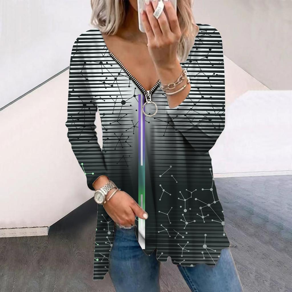 Women Autumn Line Atom Printed Long Sleeve T-Shirts Loose V-Neck Plus Size Tee Shirt Tops Comfy Blouse