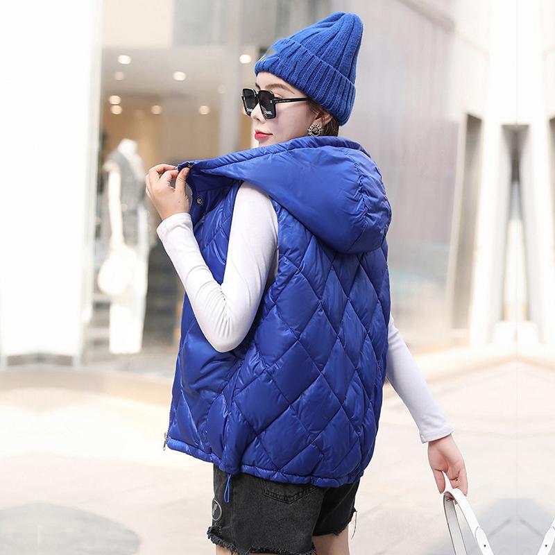 Women Autumn Winter Soild Color Rhombus Thicken Outwear Cotton Padded Hooded Sleeveless Warm Jacket Coat Vest