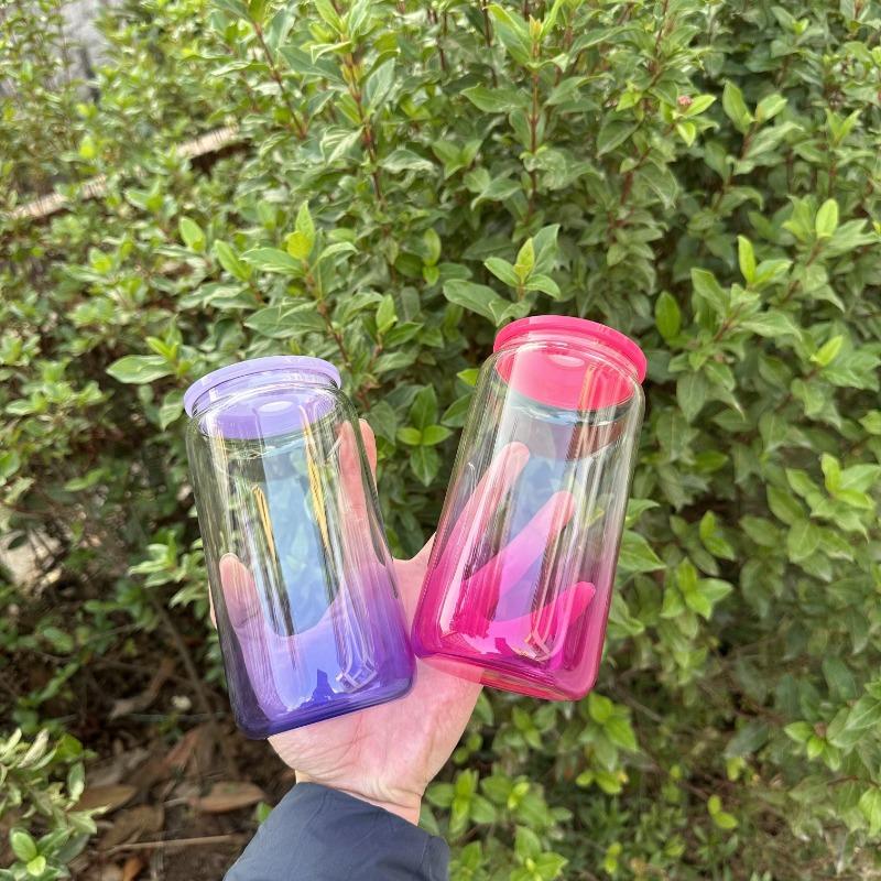 1 шт 16 унций (480ml) Стакан Mason Cups с градиентным цветом, стеклянный, с крышкой и трубочкой, многоразовый стакан для холодного кофе, смузи или кружка Boba