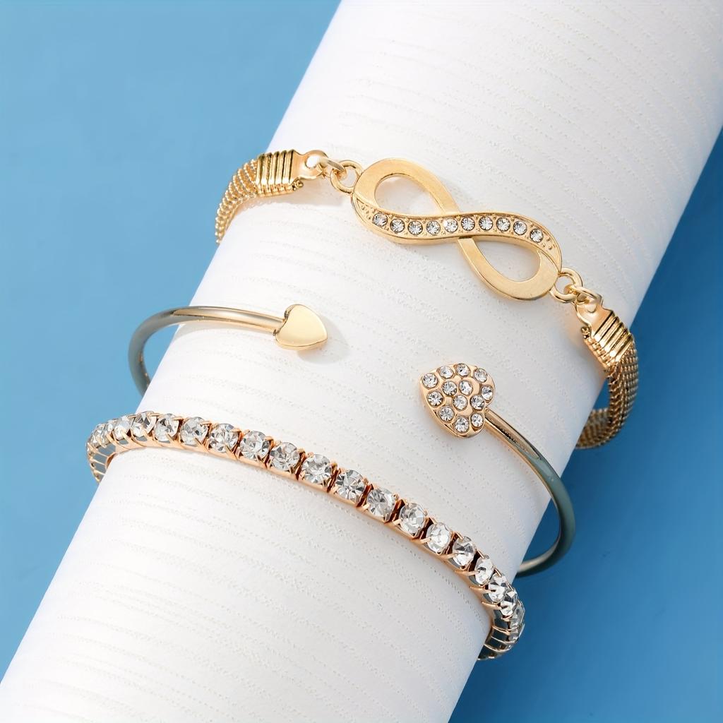 3 Pcs Ladies' Bracelet Set Stylish and Elegant Rhinestone Infinity Symbol Tennis Chain Clasp Bracelet Set An Ideal Gift for Your Best Friend