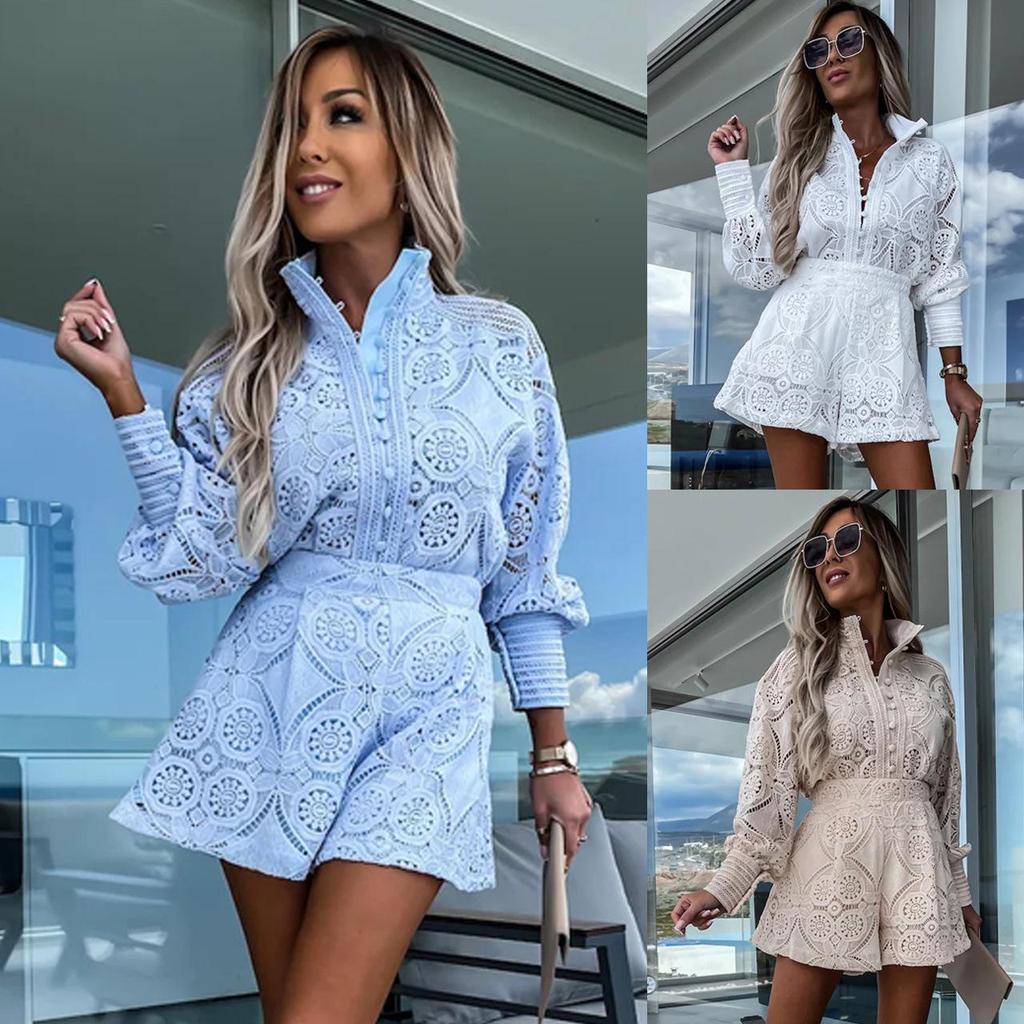 Women Spring Summer Stand Collar Solid Color Loose Sleeve Single Breasted Shirt Suit Casual Wide Leg Lace Shorts Two Piece Set S-XL