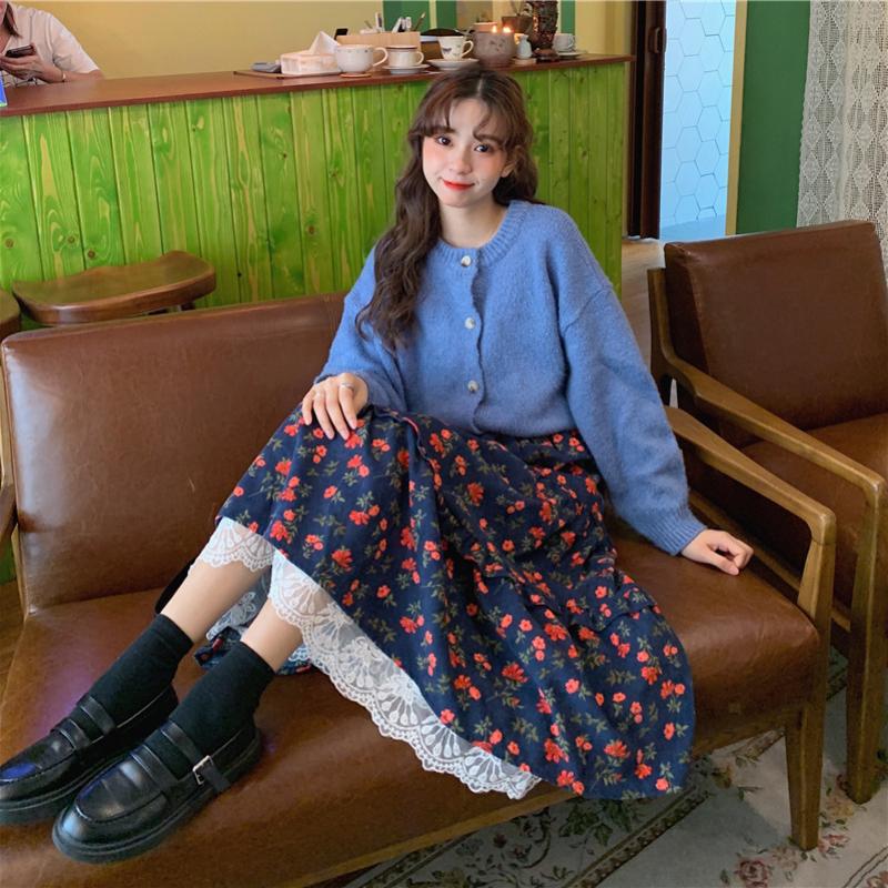 Новая японская женская юбка-миди Mori Girl с высокой талией, темно-синяя, коричневая юбка с цветочным принтом и кружевными оборками, винтажная элегантная вельветовая юбка