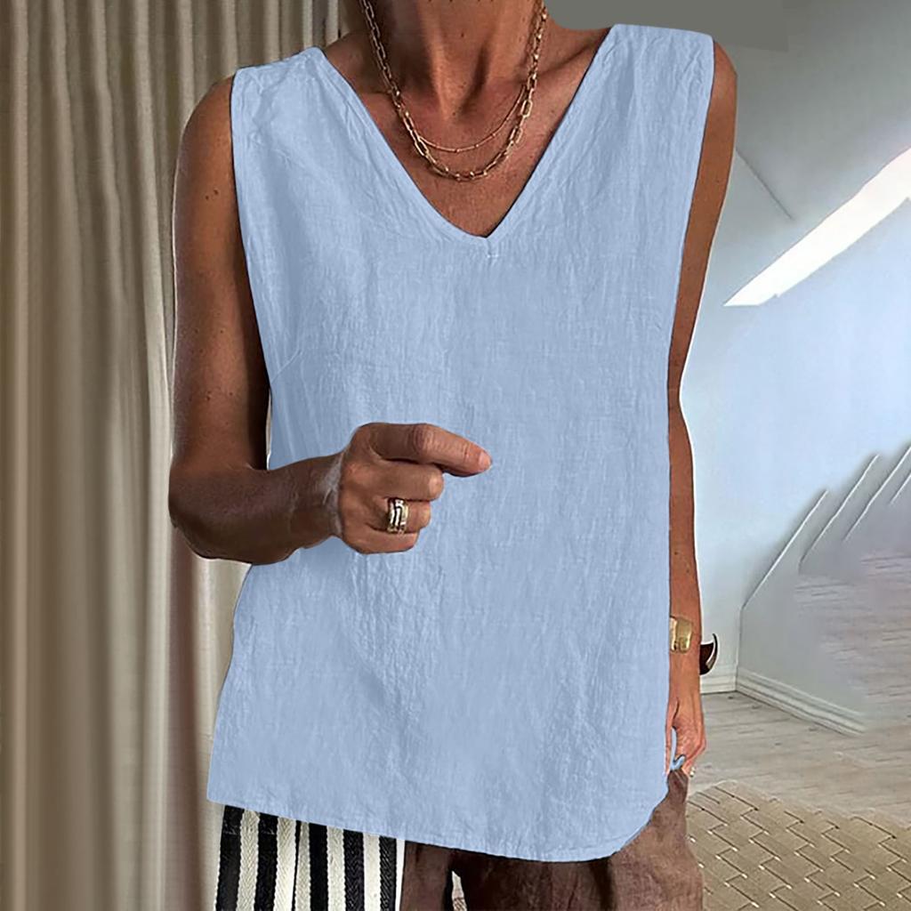 Женская хлопковая льняная майка с высоким воротом, повседневная, с V-образным вырезом, однотонная, без рукавов, летняя базовая хлопковая футболка без рукавов, Ropa De Mujer