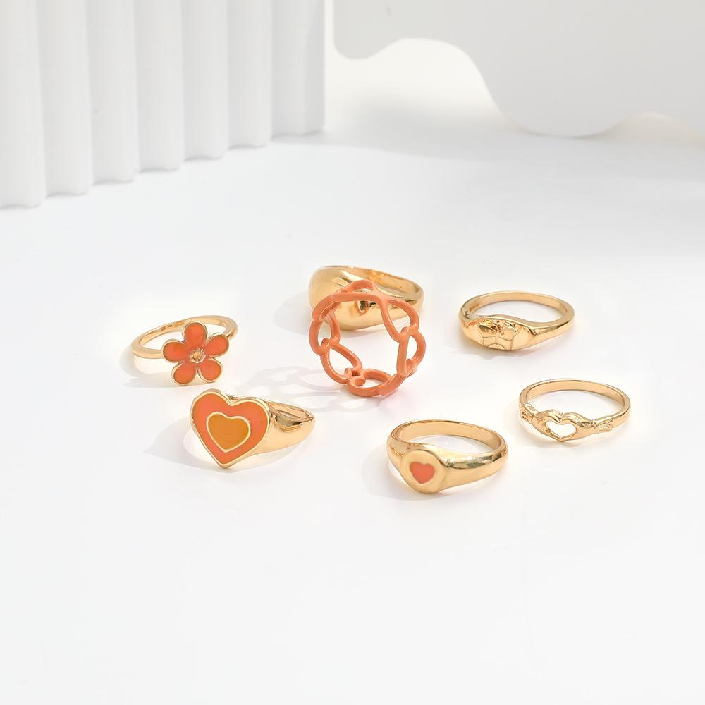 Women's Orange Heart Flower Enamel Ring Set Vintage Gold Statement Stackable Midi Knuckle Rings for Summer Beach Party